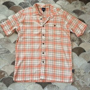 Patagonia A/C Shirt Cotton Short Sleeve Button Down Orange Plaid Size Large